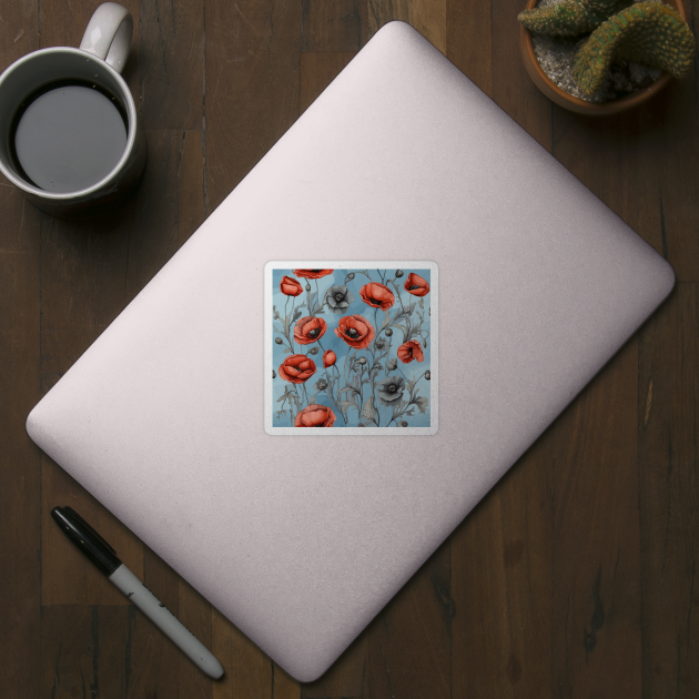 Peachy Red and Ash Poppies Floral Pattern on Dusty Sky Blue by Siha Arts